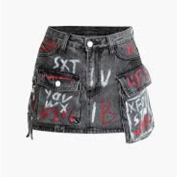 Black Graffiti Denim Mini Skirt with Cargo Pockets - Picture 1 of 4